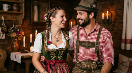Fototapeta premium Oktoberfest celebration with couple in traditional dirndl and lederhosen toasting. Authentic Bavarian festival attire for cultural event marketing...