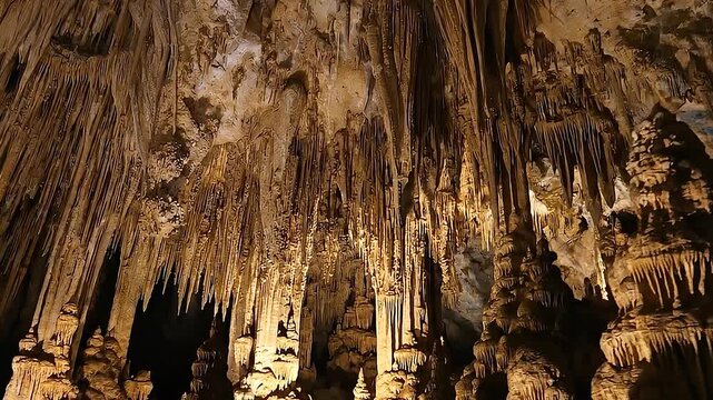 Low angle slow motion camera pan across limestone stalactites and columns in deep cavern.