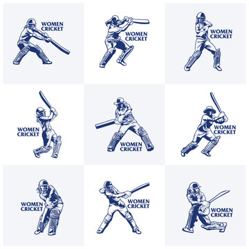 Set of Female Cricket Batsman Vector Illustration Logo. Silhouette design is perfect for sports mascots, cricket team logos, athletic apparel, training facility branding