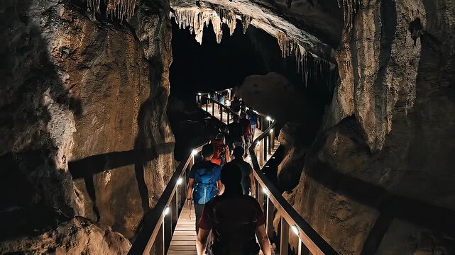 Group of tourists walking on wooden boardwalk inside large underground limestone cave karst.
