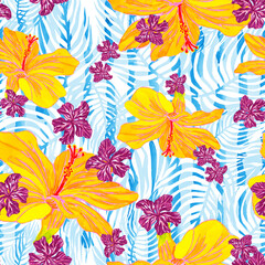 Seamless floral Hawaiian print on a striped palm leaf background © AineGing