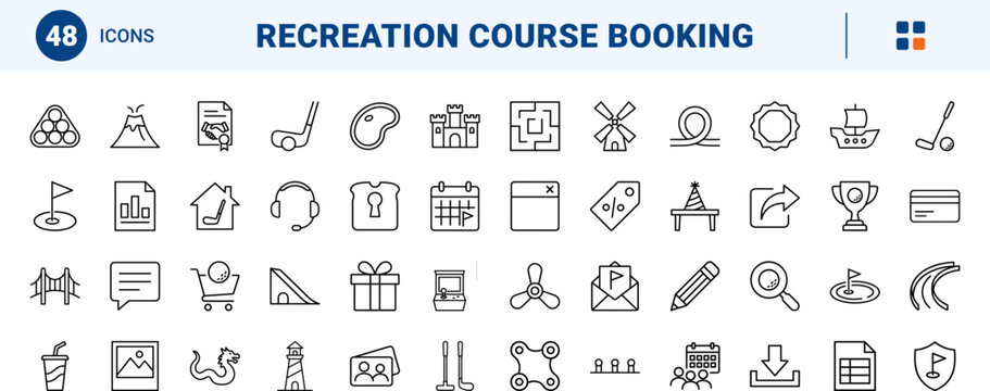 Mini golf website line icon set. Vector pictograms of course, booking, equipment, and interface elements, thin linear illustration.