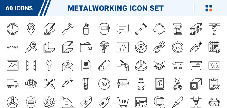 Metal fabrication shop line icon set. Vector pictograms of welding, sheet, cnc, and laser elements, thin linear illustration.