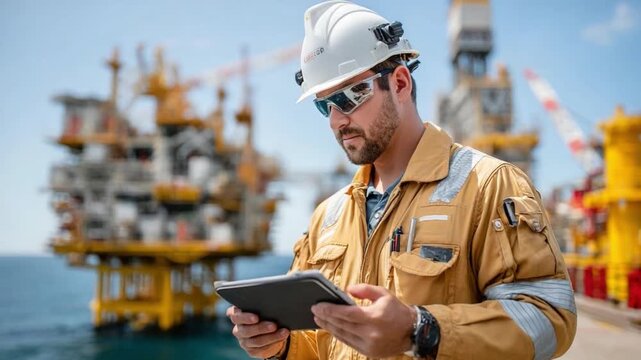 Oil Rig Technician with Tablet: A focused technician in a hard hat and safety vest stands on an oil rig platform.