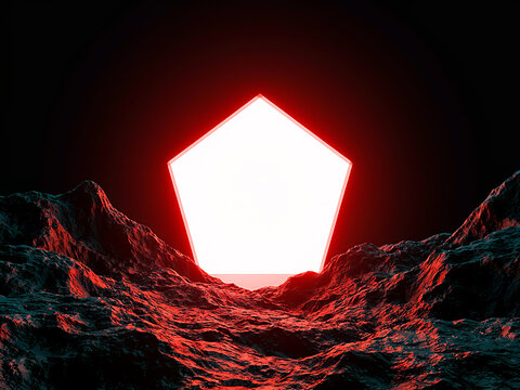 Glowing Geometric Pentagonal Light Floating Above a Rugged Dark Volcanic Alien Mountain Landscape in a Surreal Cinematic Night Atmosphere