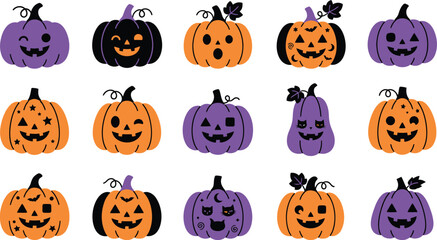Fototapeta premium A festive halloween bundle featuring a collection of cute hand drawn jack o lantern pumpkins with various funny faces and spooky expressions isolated