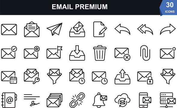 Email communication icons for digital marketing. Symbols representing email actions and features.