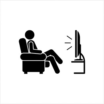 Minimalist Black Icon Illustration Featuring a Relaxed Person Sitting in a Comfortable Armchair and Watching Television Screen