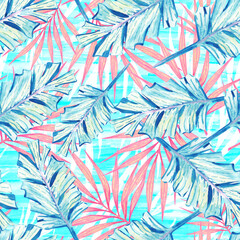 Tropical foliage in pastel blue colors seamless pattern © AineGing