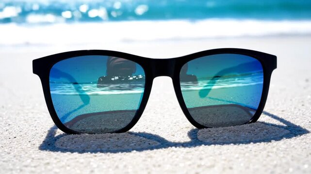 Sunglasses on a white sandy beach with turquoise ocean in the background, a serene summer vacation scene