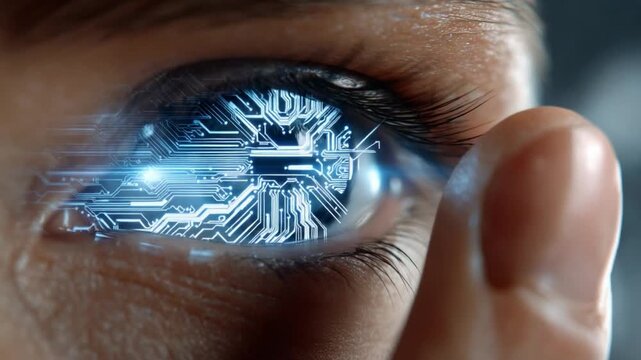 Cybernetic Eye: A close-up macro shot reveals a human eye with a futuristic cybernetic implant, showcasing intricate circuitry and glowing blue light.