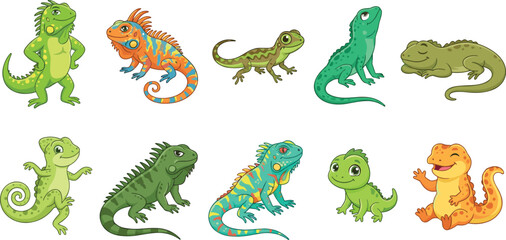 Naklejka premium Cute iguana lizard vector character set with colorful exotic reptiles chameleons and adorable tropical cartoon animals