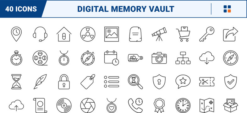 History line icon set. Vector pictograms of memory, archives, preservation, and legacy elements, thin linear illustration.