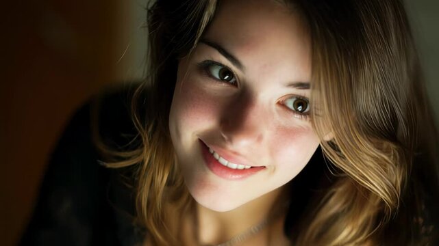 Young woman with a gentle smile and expressive eyes looking up