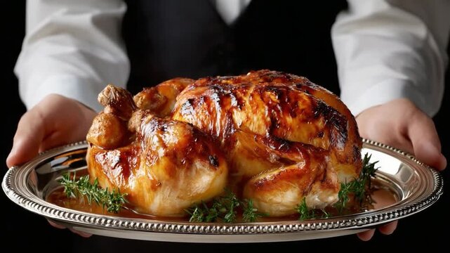 Roasted Chicken Dinner: A perfectly roasted golden-brown chicken, glistening with juices and garnished with fresh herbs, is presented elegantly on a silver platter by a server in formal attire.