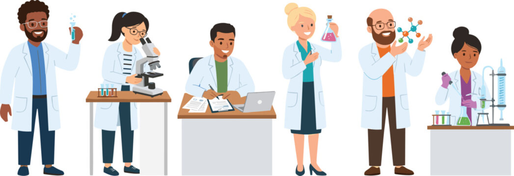 Professional scientist character vector collection with diverse doctors doing medical research and chemical laboratory experiments illustration