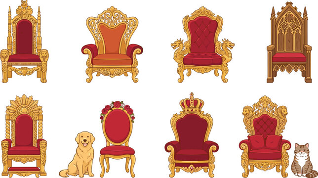 Majestic royal throne vector collection with golden king chairs luxury velvet seats cute pet dog and cat