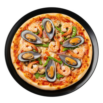 Decorative pizza with colorful toppings on black background