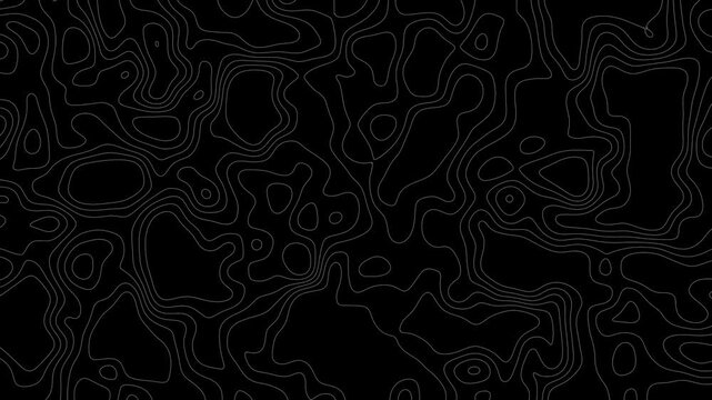 Animated white topographic contour map on black background with alpha channel. Smooth wave motion and moving terrain lines. Black and white seamless pattern 4K. cartography geographic terrain pattern,