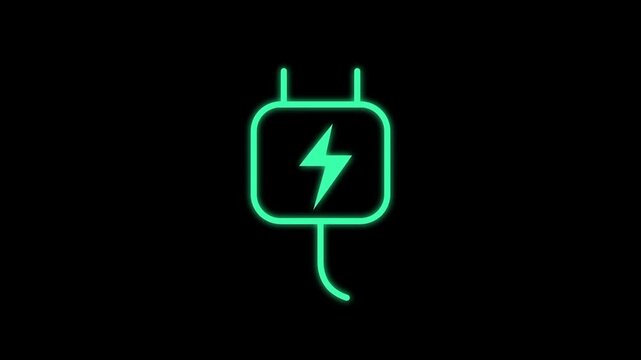 Glowing green electric power plug icon for energy signs, neon light displays. Suitable for electronic, energyrelated designs and projects.