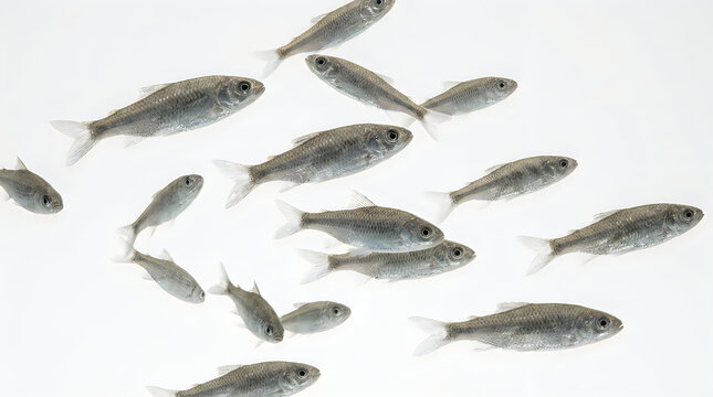 A school of small silver fish swimming together illustration