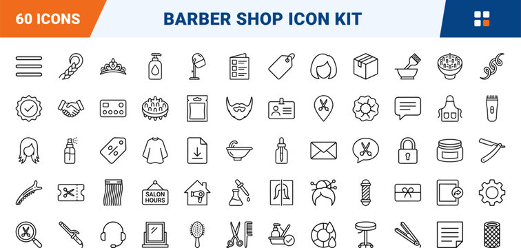 Hair salon website art line icon set. Vector pictograms of barber, stylist, care, and beauty elements, thin linear illustration.