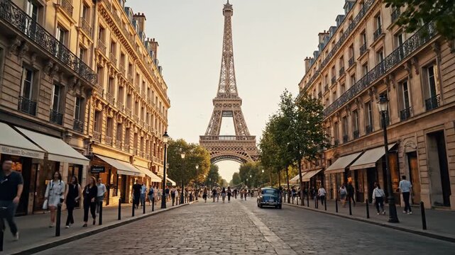 Eiffel Tower Paris Street View with Cobblestone Road and Vintage Car
