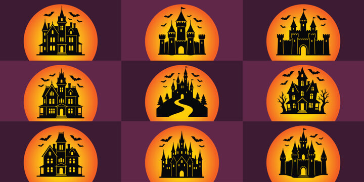 Halloween pattern background with purple trees bats and skulls frame, halloween