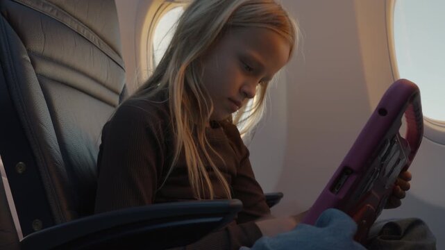 Young blonde girl sits in an airplane seat by the window and uses a digital tablet with a pink protective case during a flight