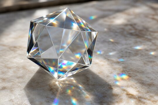 Clear icosahedron crystal paperweight refracting sunlight on marble surface.