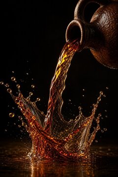 Dark amber liquid pouring from a flagon in a dynamic splash.
