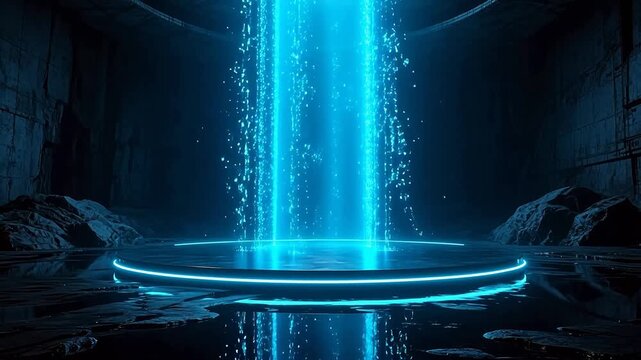 Glowing blue platform in dark futuristic cave