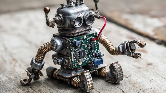 A charming steampunk robot sits on a textured concrete surface, showcasing intricate details and a vintage, mechanical aesthetic.