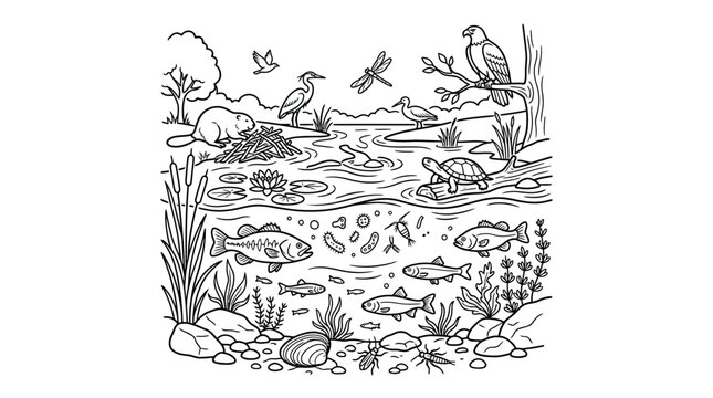 Clean Black and White of Diverse Wetland Ecosystem with Wildlife and Aquatic Life with high quality professional line art symbols for modern creative design and digital branding projects