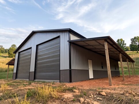 Dark Gray Metal Workshop with Covered Lean-To and Double Garage Doors on Gravel