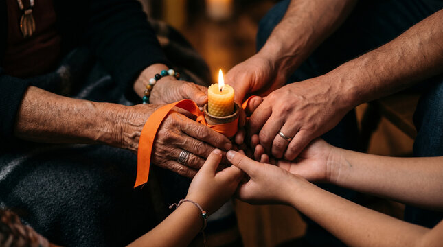 Hands united in Truth and Reconciliation ceremony. Diverse group holding candle for healing and justice awareness.
