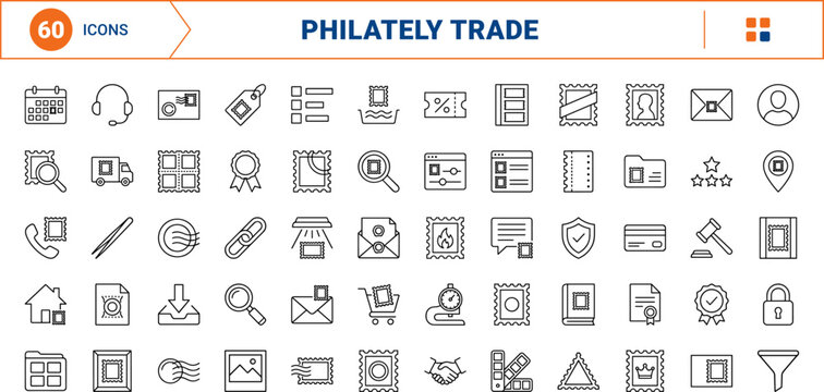 Philately line icon set. Vector pictograms of collectibles, antiques, hobbies, and retail elements, thin linear illustration.