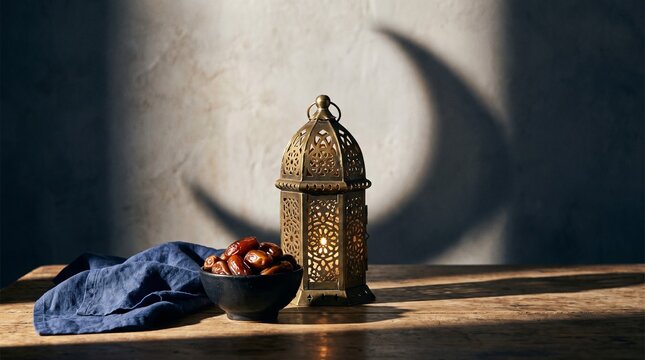 Ramadan tabletop with fanous lantern and dates in hard light