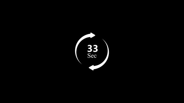 Animated 33 Seconds Countdown Timer with Rotating Arrows on Clean Black Background for Digital Clock Interval Training and Workout Timing Presentation Video Asset.4K Animation Stock Video