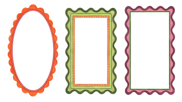 Set of colorful decorative frames. Hand drawn doodle borders for scrapbooking and design transparent background