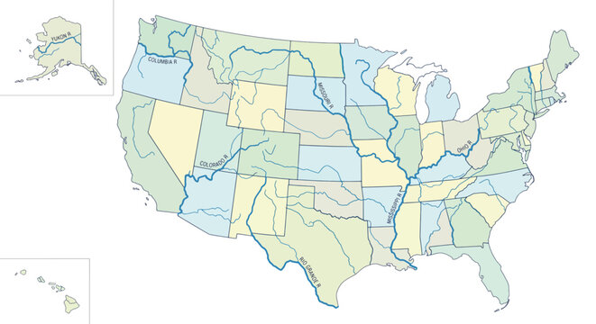 US Map, Detailed United States map vector graphic featuring major rivers like the Mississippi Missouri and Colorado with state borders and Alaska Hawaii insets for education