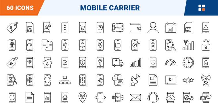 Mobile Carrier Website line icon set. Vector pictograms of telecommunications, network services, mobile data, and connectivity elements, thin linear illustration.