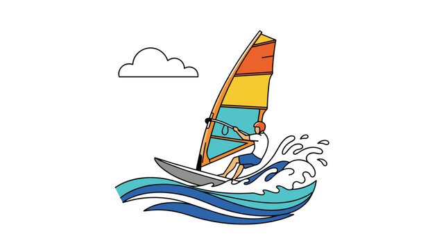Enthusiastic windsurfer riding ocean waves with a colorful sail against a simple white background with a cloud.