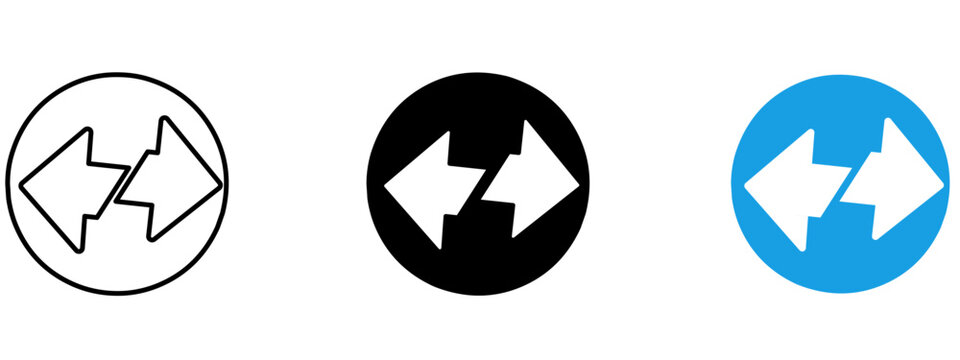 Two opposing arrows inside circle icon set. Symbol of data exchange, transfer, swap, compare, sync, horizontal direction and oppose navigation. Outline, solid and colored vector.