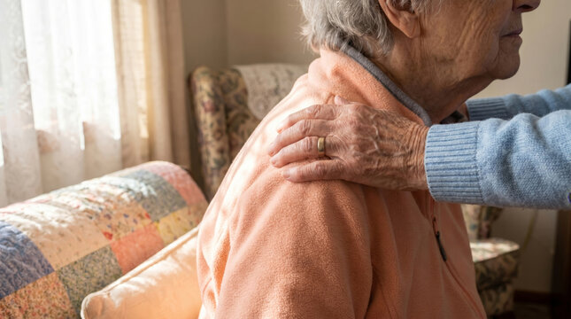 Caregiver hand resting on shoulder of elderly woman in nursing home. Compassionate support and palliative care for senior. Comforting touch in hospice setting for aging patient.