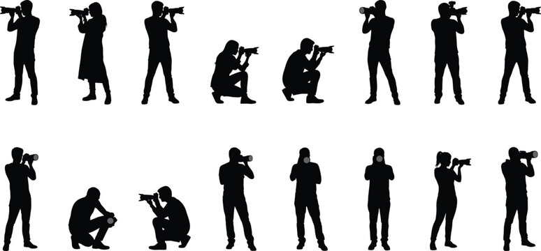 Collection of Silhouettes of Photographers in Various Poses Holding Cameras Keywords: photographer, photography, camera, silhouette