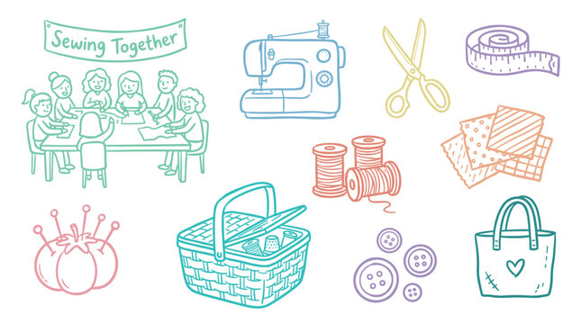 Sewing and crafting supplies with people learning together in a fun, colorful, hand-drawn illustration depicting a creative workshop.
