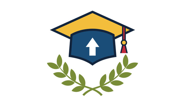 Modern graduation cap logo design with an upward arrow and green laurel wreath, vector emblem template.