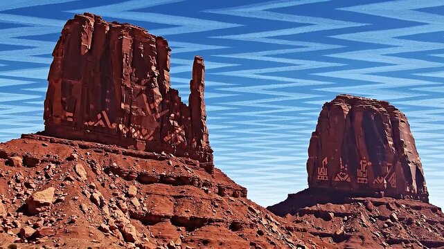 Monument valley buttes with blue geometric sky patterns aerial desert sandstone landscape.