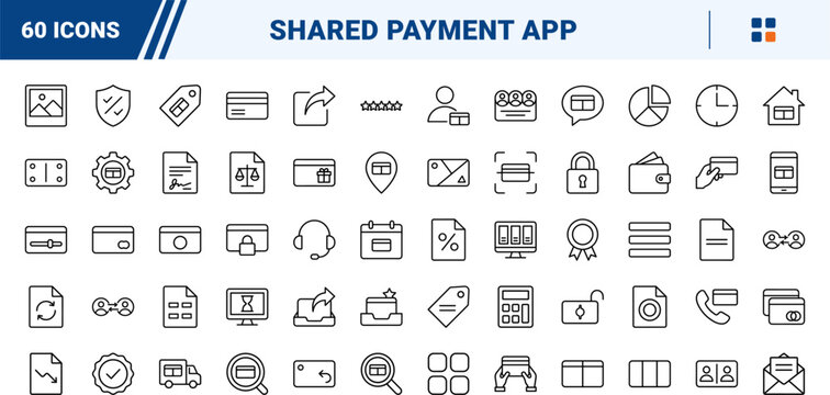 Split bill app line icon set. Vector pictograms of expense, sharing, group, and payment elements, thin linear illustration.